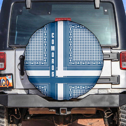 Comoros Spare Tire Cover - Blue and White Traditional Geometric Pattern and National Flag Detail