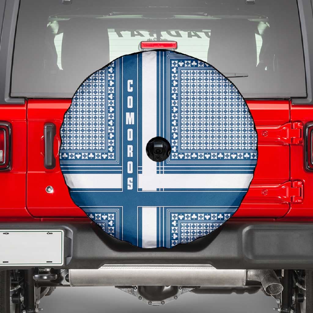 Comoros Spare Tire Cover - Blue and White Traditional Geometric Pattern and National Flag Detail
