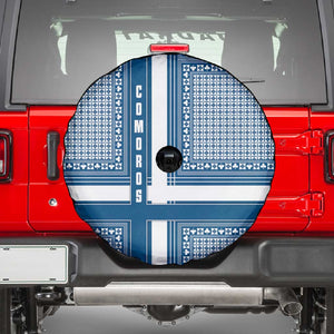 Comoros Spare Tire Cover - Blue and White Traditional Geometric Pattern and National Flag Detail