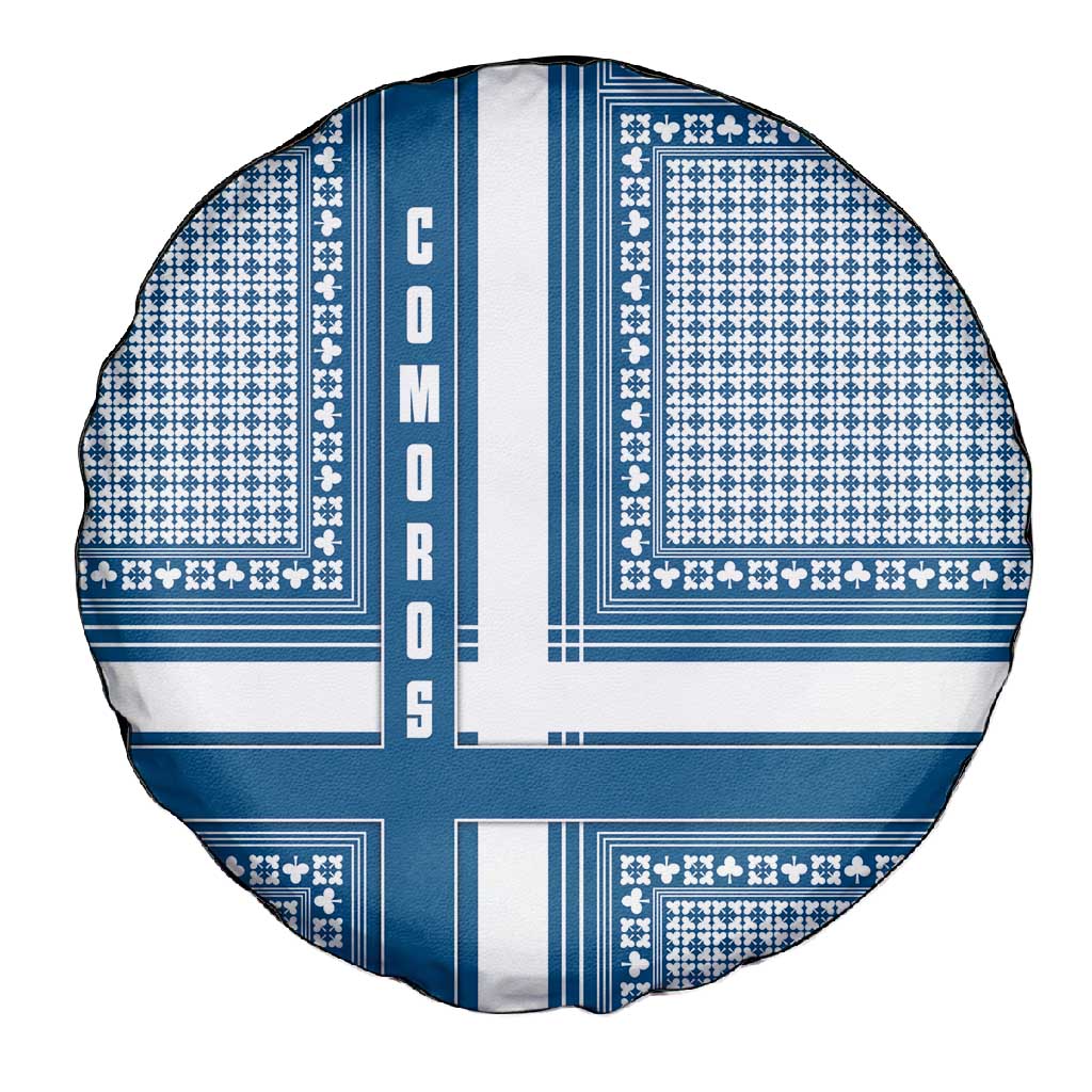 Comoros Spare Tire Cover - Blue and White Traditional Geometric Pattern and National Flag Detail