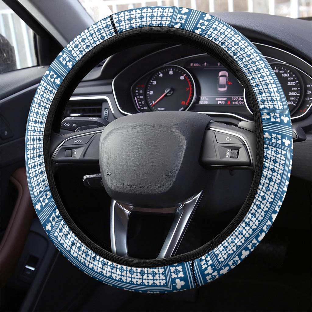Comoros Steering Wheel Cover - Blue and White Traditional Geometric Pattern and National Flag Detail