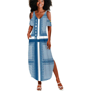 Comoros Summer Maxi Dress - Blue and White Traditional Geometric Pattern and National Flag Detail