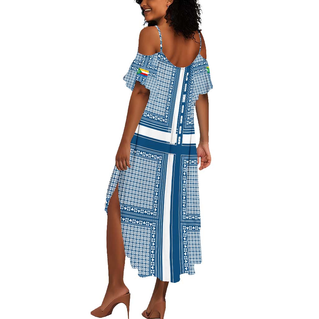Comoros Summer Maxi Dress - Blue and White Traditional Geometric Pattern and National Flag Detail