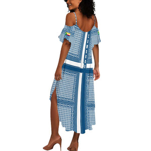 Comoros Summer Maxi Dress - Blue and White Traditional Geometric Pattern and National Flag Detail