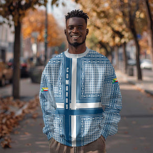Comoros Sweatshirt - Blue and White Traditional Geometric Pattern and National Flag Detail