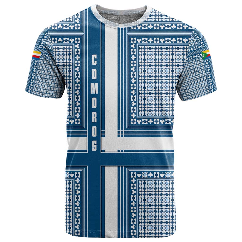 Comoros T shirt - Blue and White Traditional Geometric Pattern and National Flag Detail