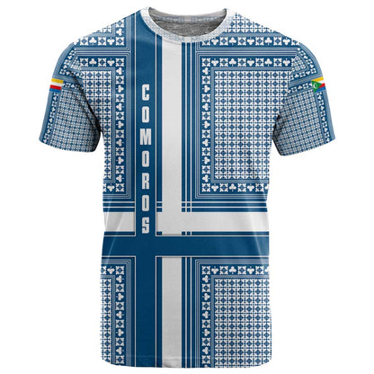 Comoros T shirt - Blue and White Traditional Geometric Pattern and National Flag Detail