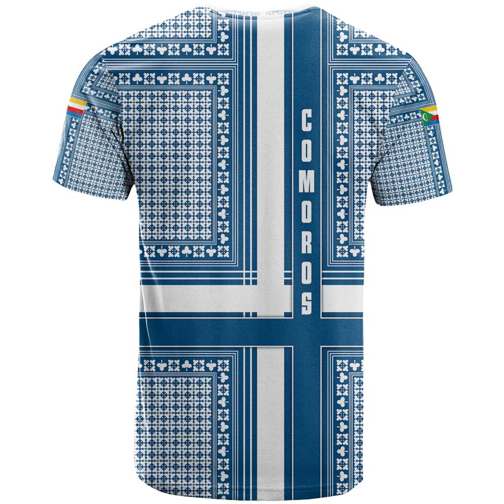 Comoros T shirt - Blue and White Traditional Geometric Pattern and National Flag Detail