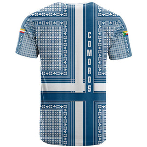 Comoros T shirt - Blue and White Traditional Geometric Pattern and National Flag Detail
