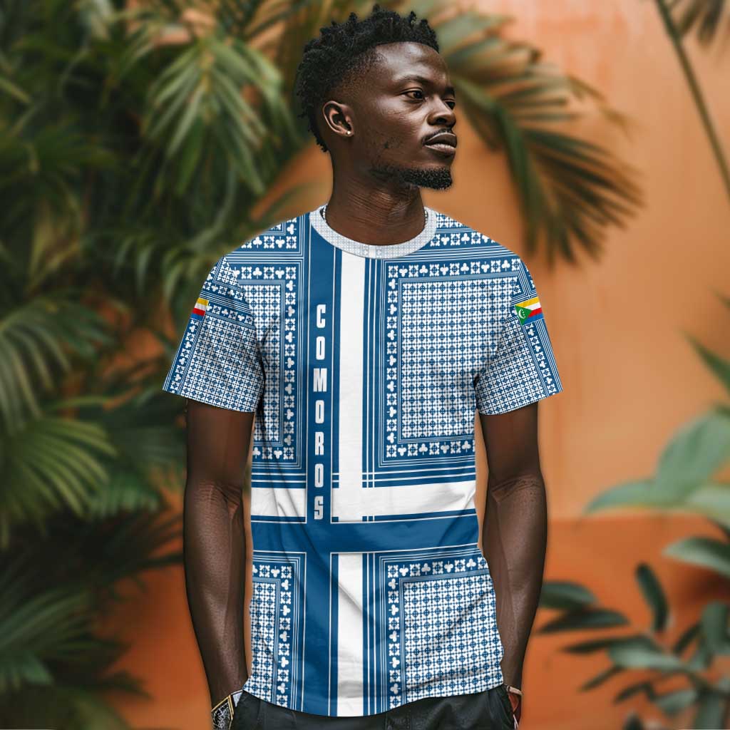 Comoros T shirt - Blue and White Traditional Geometric Pattern and National Flag Detail