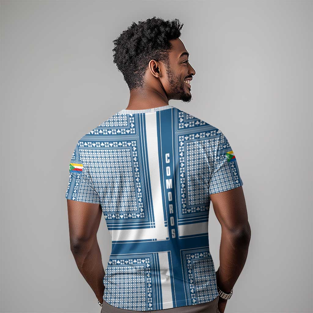 Comoros T shirt - Blue and White Traditional Geometric Pattern and National Flag Detail