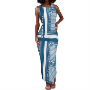 Comoros Tank Maxi Dress - Blue and White Traditional Geometric Pattern and National Flag Detail