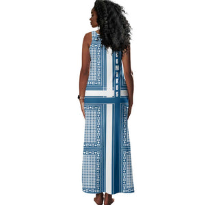 Comoros Tank Maxi Dress - Blue and White Traditional Geometric Pattern and National Flag Detail