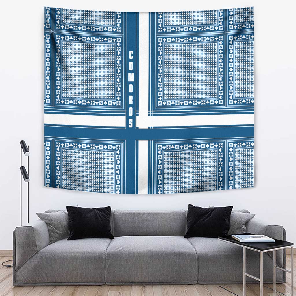 Comoros Tapestry - Blue and White Traditional Geometric Pattern and National Flag Detail