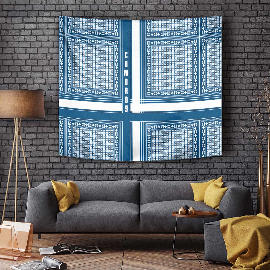 Comoros Tapestry - Blue and White Traditional Geometric Pattern and National Flag Detail