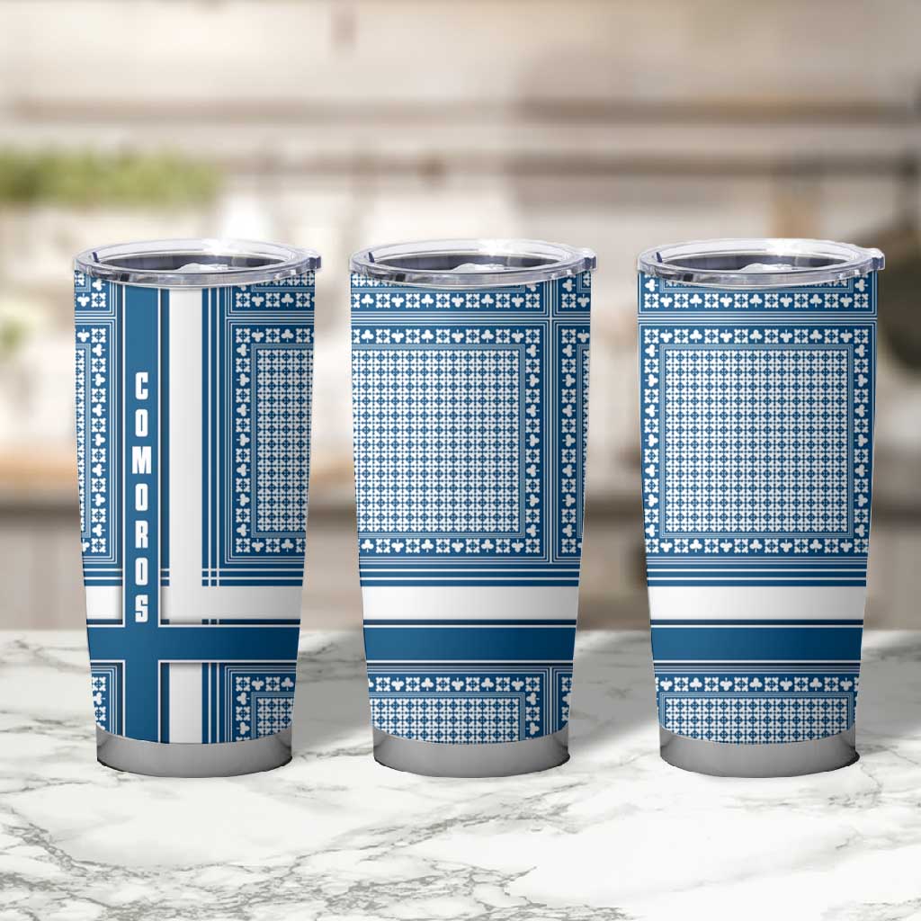 Comoros Tumbler Cup - Blue and White Traditional Geometric Pattern and National Flag Detail