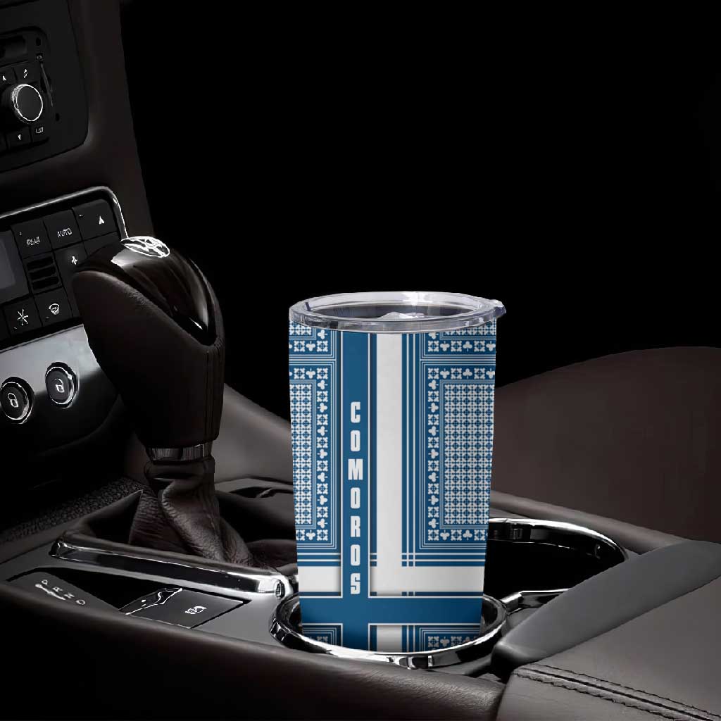 Comoros Tumbler Cup - Blue and White Traditional Geometric Pattern and National Flag Detail