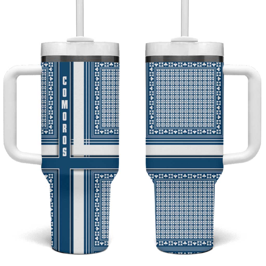 Comoros Tumbler With Handle - Blue and White Traditional Geometric Pattern and National Flag Detail