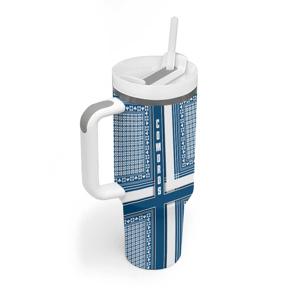 Comoros Tumbler With Handle - Blue and White Traditional Geometric Pattern and National Flag Detail