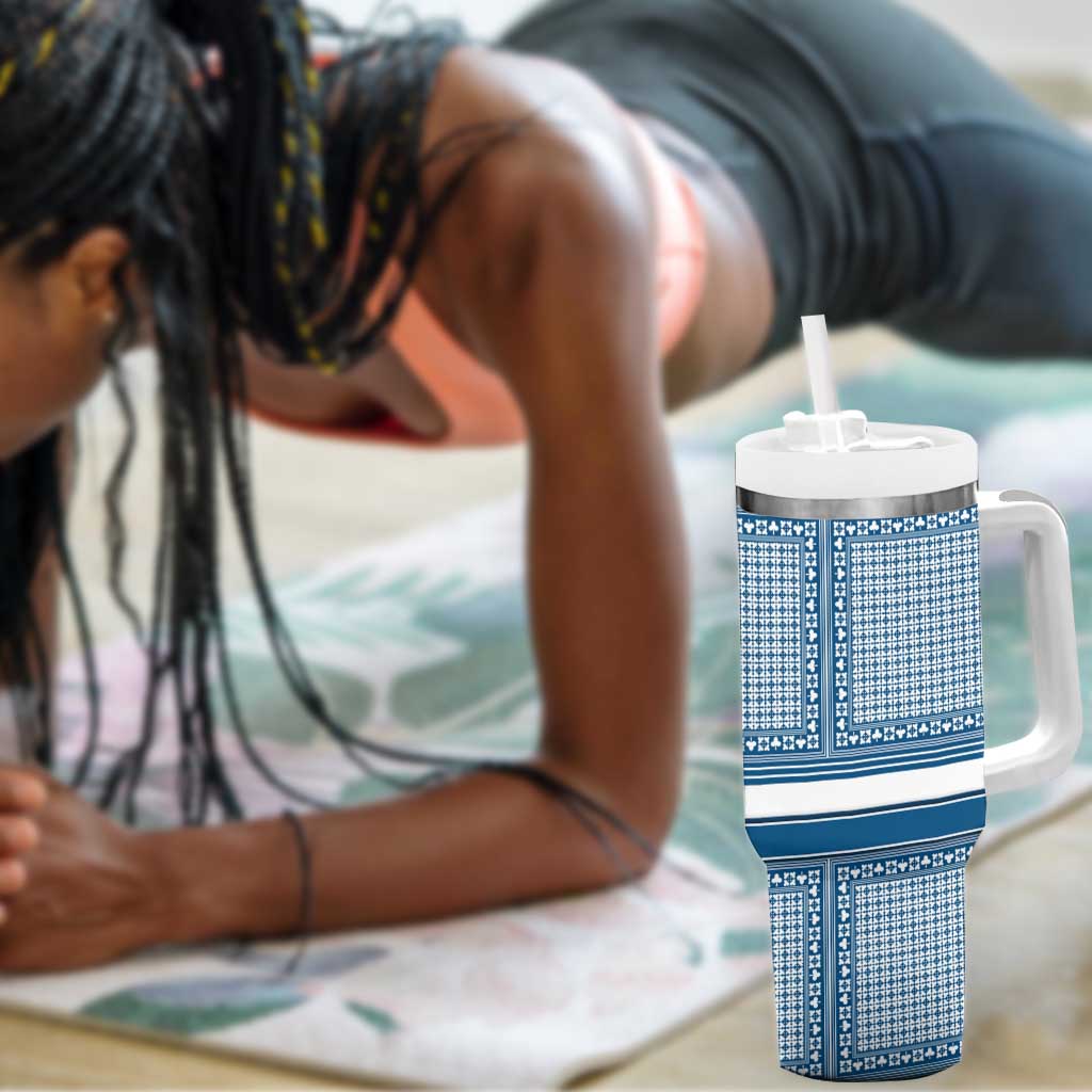 Comoros Tumbler With Handle - Blue and White Traditional Geometric Pattern and National Flag Detail