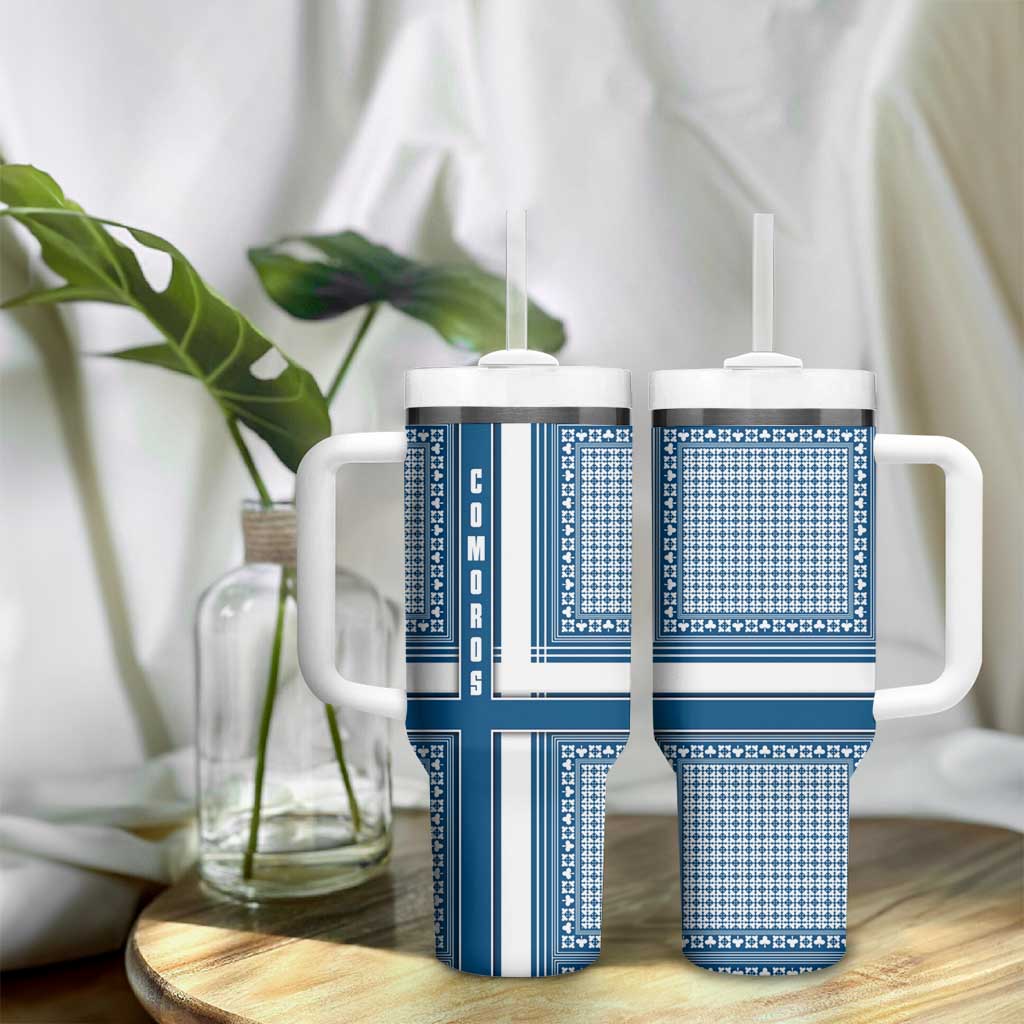 Comoros Tumbler With Handle - Blue and White Traditional Geometric Pattern and National Flag Detail