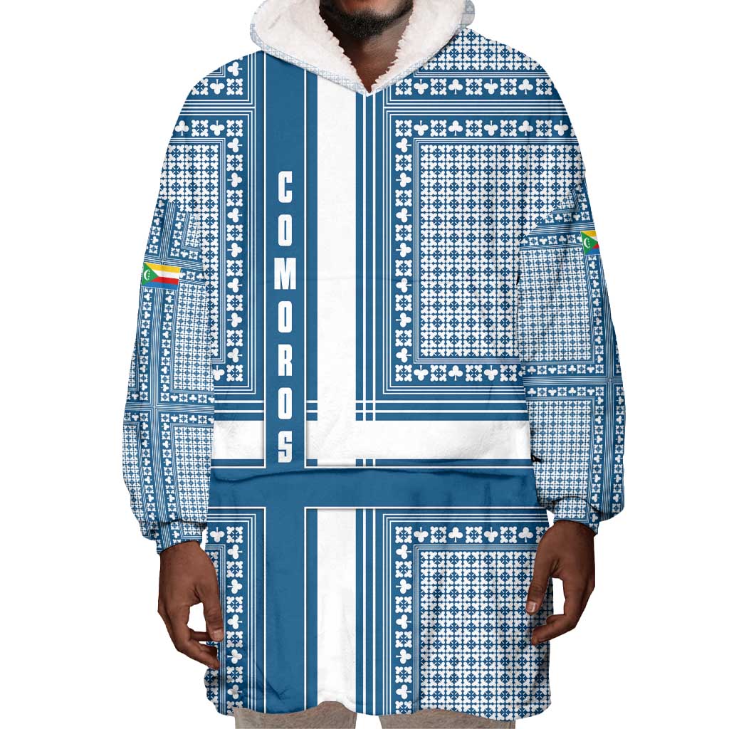 Comoros Wearable Blanket Hoodie - Blue and White Traditional Geometric Pattern and National Flag Detail