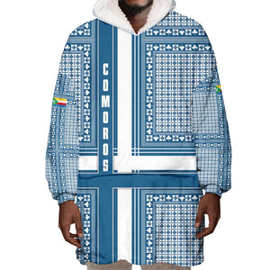 Comoros Wearable Blanket Hoodie - Blue and White Traditional Geometric Pattern and National Flag Detail
