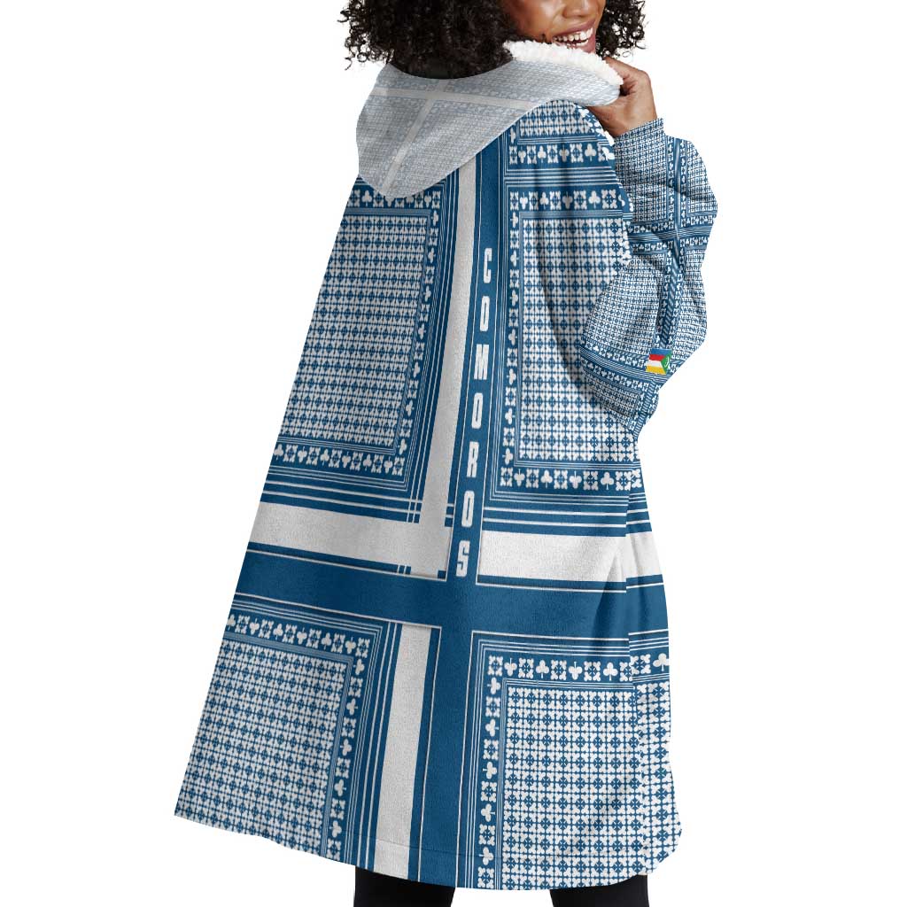 Comoros Wearable Blanket Hoodie - Blue and White Traditional Geometric Pattern and National Flag Detail