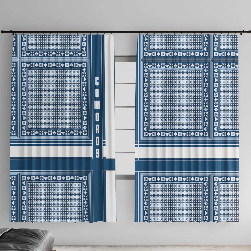 Comoros Window Curtain - Blue and White Traditional Geometric Pattern and National Flag Detail