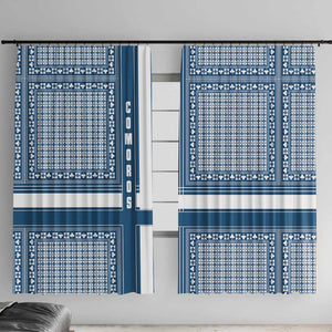 Comoros Window Curtain - Blue and White Traditional Geometric Pattern and National Flag Detail