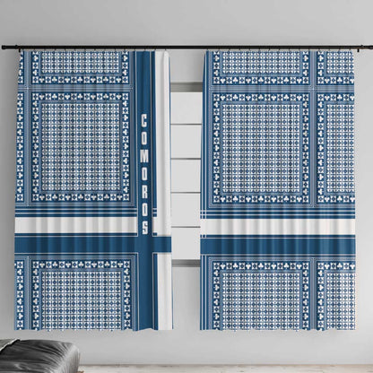 Comoros Window Curtain - Blue and White Traditional Geometric Pattern and National Flag Detail
