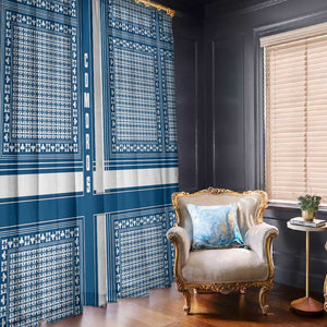 Comoros Window Curtain - Blue and White Traditional Geometric Pattern and National Flag Detail