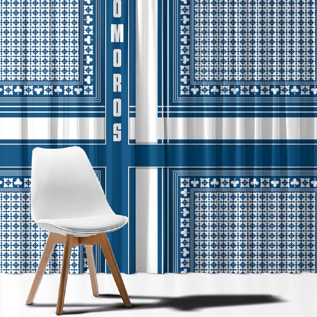 Comoros Window Curtain - Blue and White Traditional Geometric Pattern and National Flag Detail