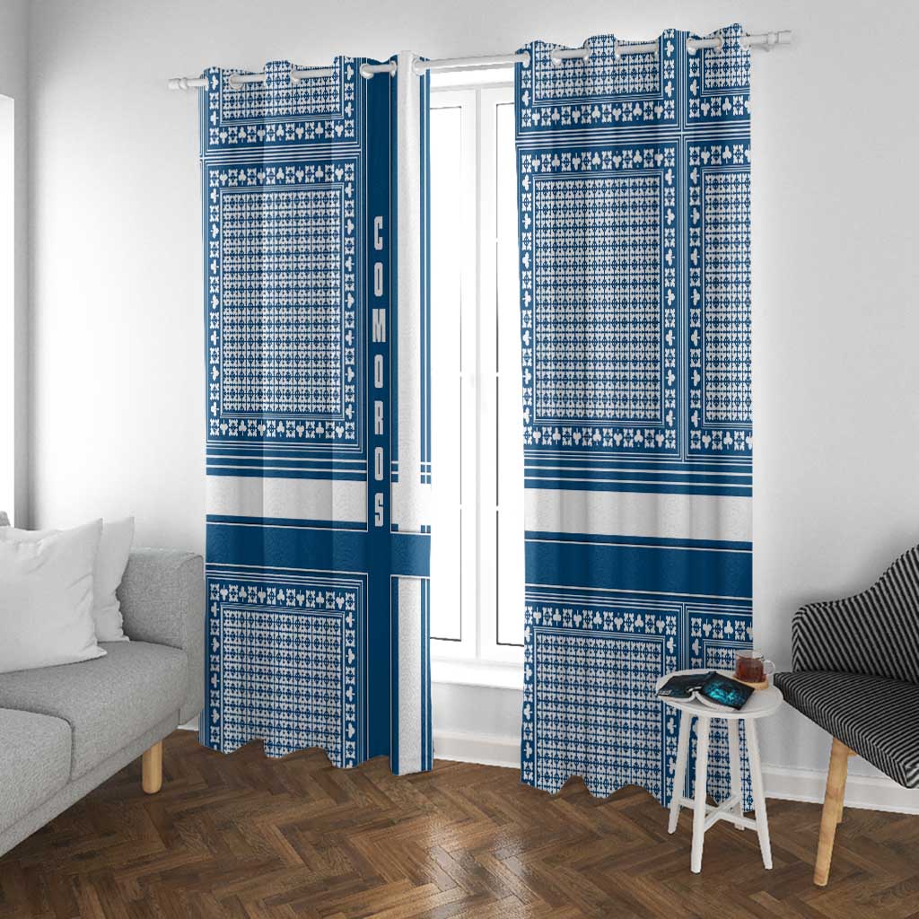 Comoros Window Curtain - Blue and White Traditional Geometric Pattern and National Flag Detail