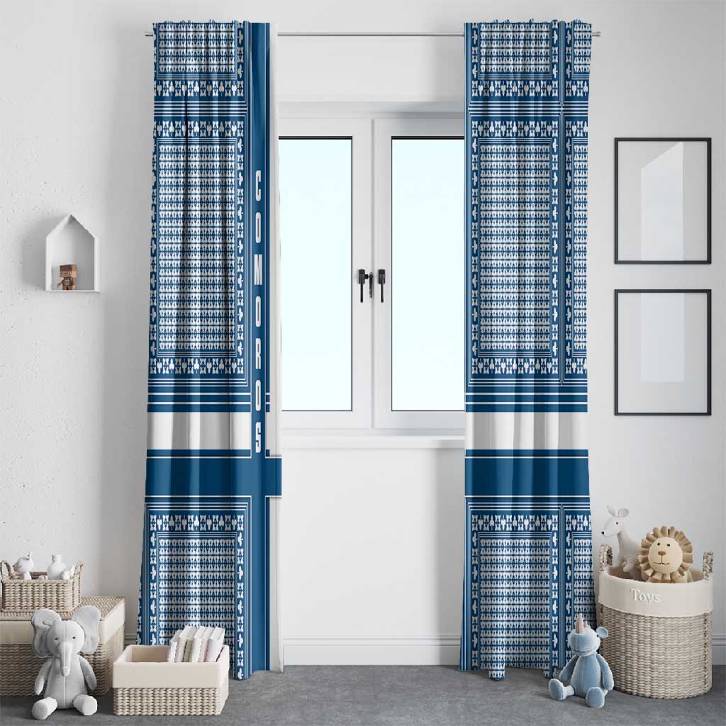 Comoros Window Curtain - Blue and White Traditional Geometric Pattern and National Flag Detail