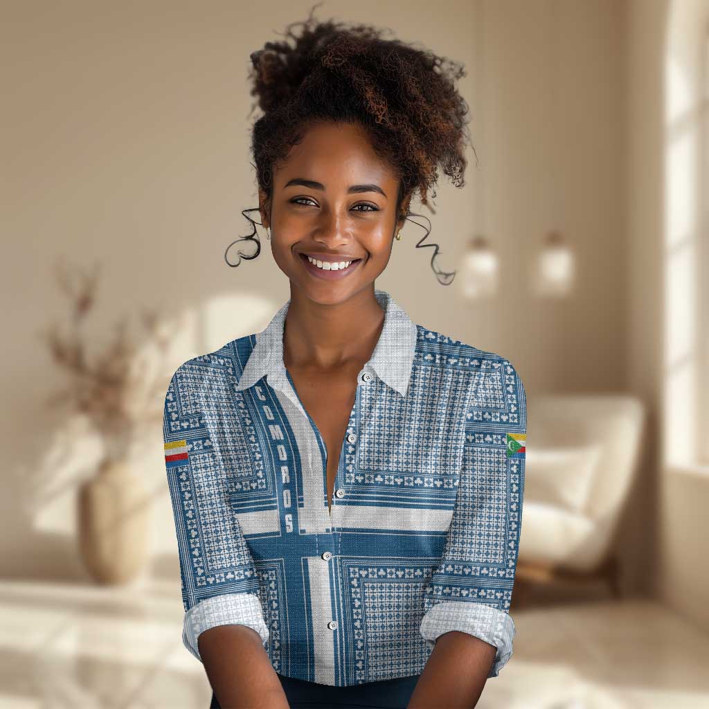 Comoros Women Casual Shirt - Blue and White Traditional Geometric Pattern and National Flag Detail
