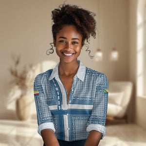 Comoros Women Casual Shirt - Blue and White Traditional Geometric Pattern and National Flag Detail