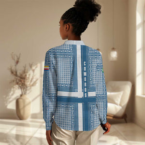 Comoros Women Casual Shirt - Blue and White Traditional Geometric Pattern and National Flag Detail