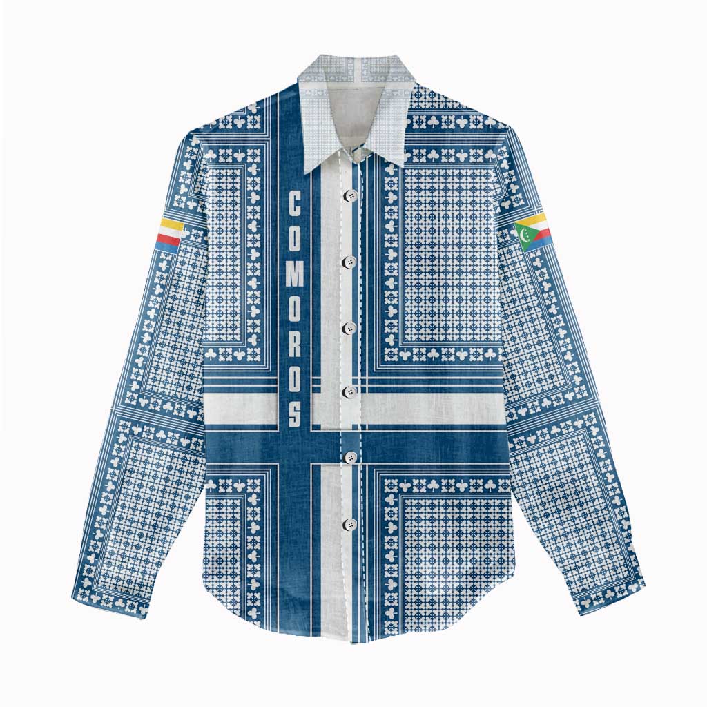 Comoros Women Casual Shirt - Blue and White Traditional Geometric Pattern and National Flag Detail