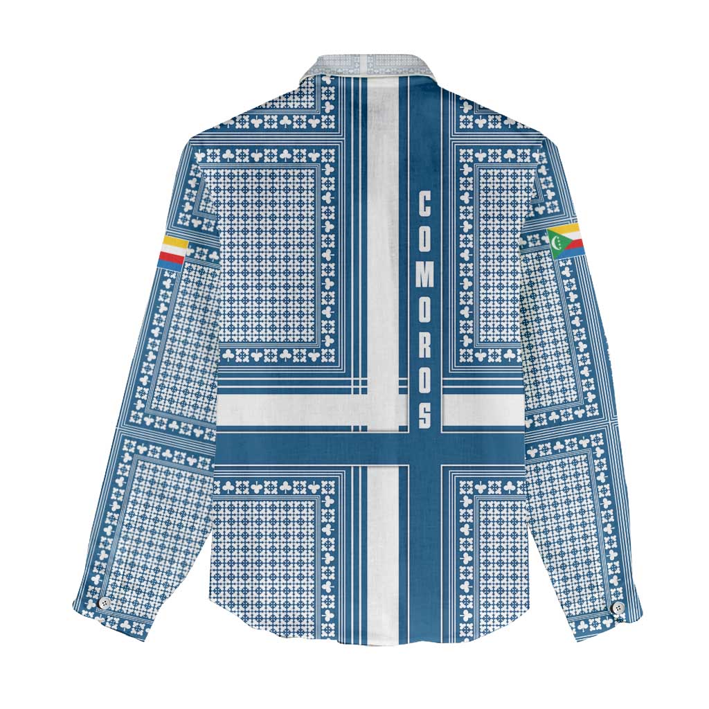 Comoros Women Casual Shirt - Blue and White Traditional Geometric Pattern and National Flag Detail