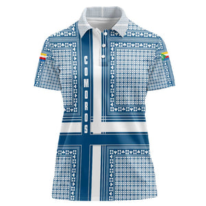 Comoros Women Polo Shirt - Blue and White Traditional Geometric Pattern and National Flag Detail