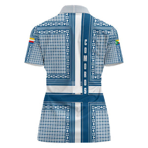 Comoros Women Polo Shirt - Blue and White Traditional Geometric Pattern and National Flag Detail