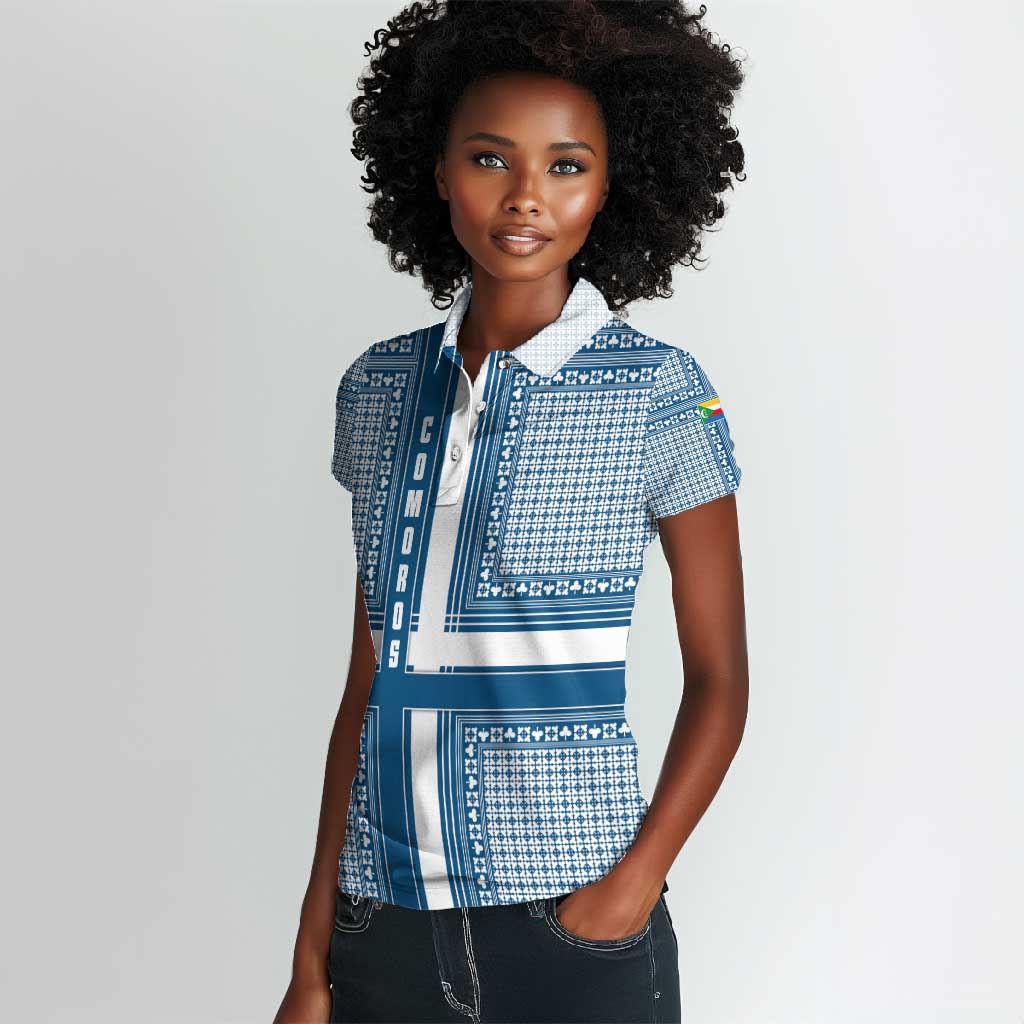 Comoros Women Polo Shirt - Blue and White Traditional Geometric Pattern and National Flag Detail