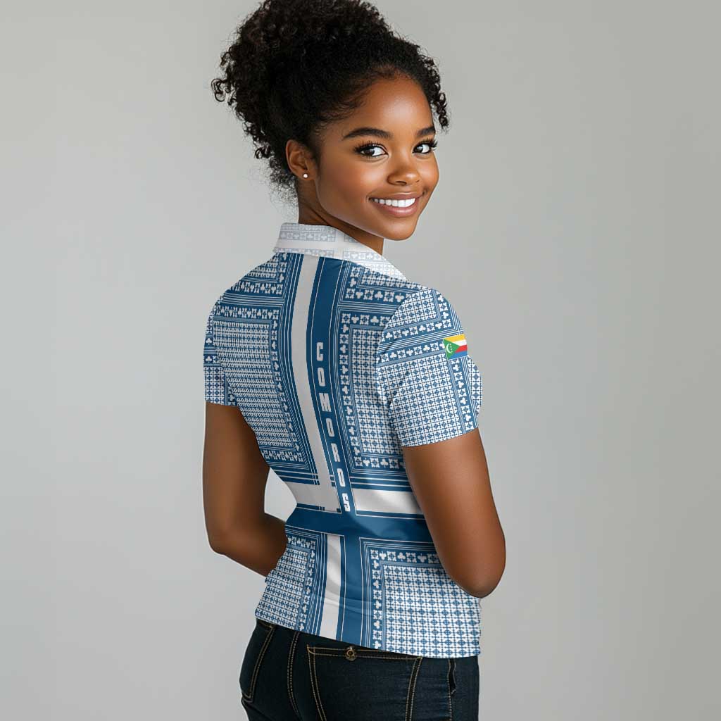Comoros Women Polo Shirt - Blue and White Traditional Geometric Pattern and National Flag Detail