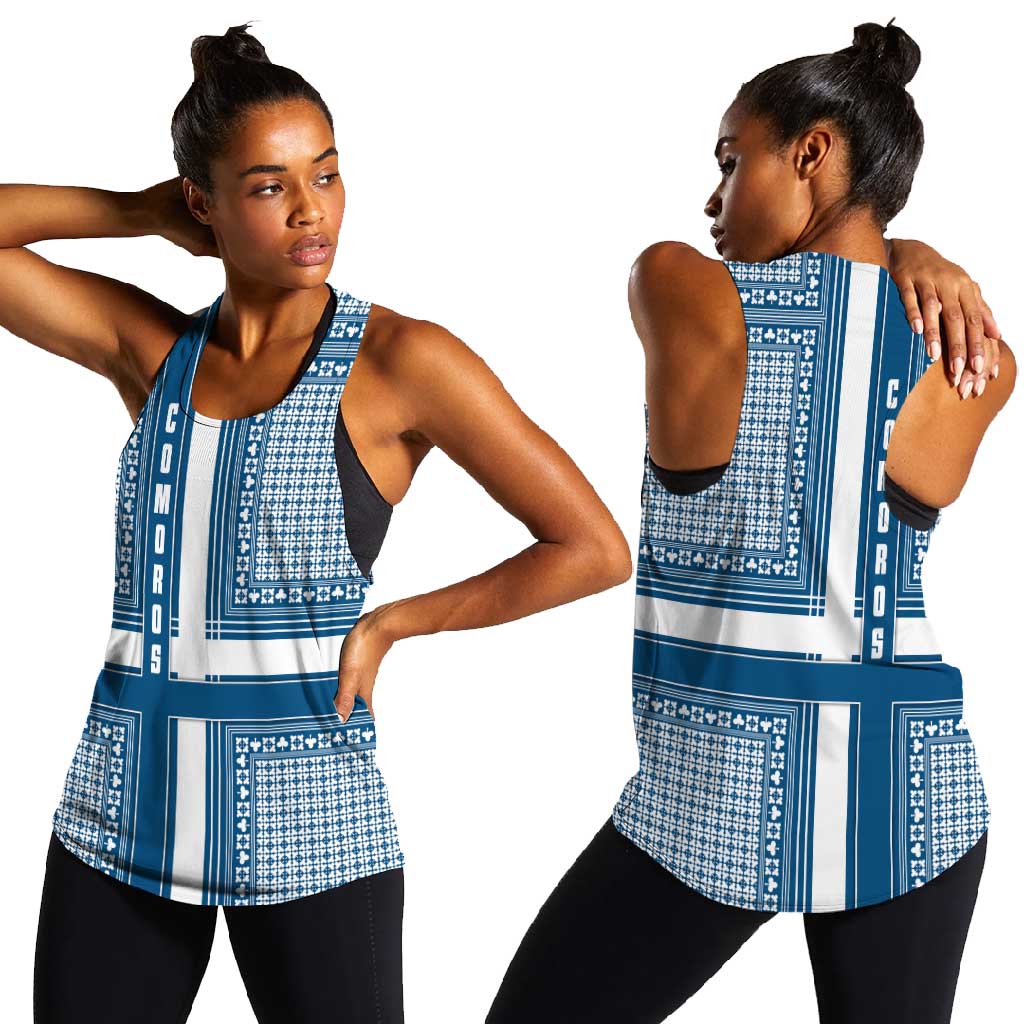 Comoros Women Racerback Tank - Blue and White Traditional Geometric Pattern and National Flag Detail