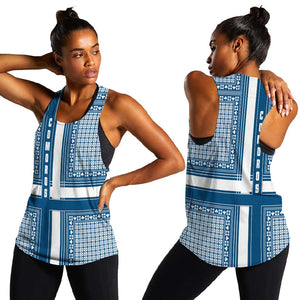Comoros Women Racerback Tank - Blue and White Traditional Geometric Pattern and National Flag Detail