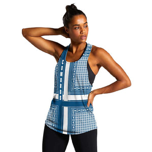 Comoros Women Racerback Tank - Blue and White Traditional Geometric Pattern and National Flag Detail