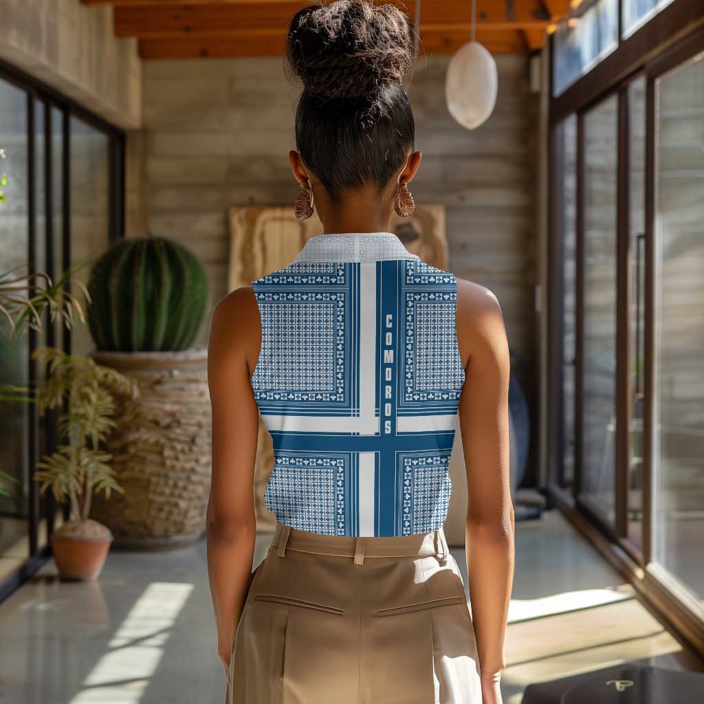 Comoros Women Sleeveless Polo Shirt - Blue and White Traditional Geometric Pattern and National Flag Detail