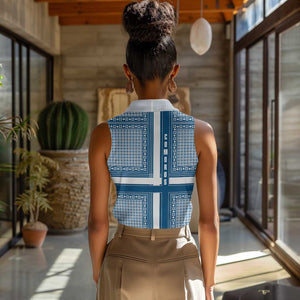 Comoros Women Sleeveless Polo Shirt - Blue and White Traditional Geometric Pattern and National Flag Detail