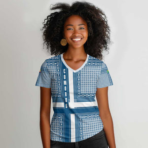 Comoros Women V-Neck T-Shirt - Blue and White Traditional Geometric Pattern and National Flag Detail